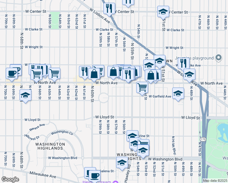 map of restaurants, bars, coffee shops, grocery stores, and more near 5629 West North Avenue in Milwaukee