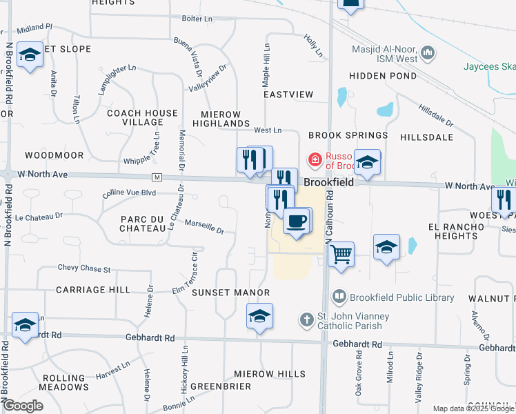 map of restaurants, bars, coffee shops, grocery stores, and more near 17585 West North Avenue in Brookfield