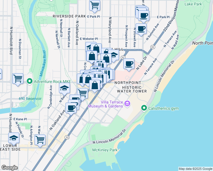 map of restaurants, bars, coffee shops, grocery stores, and more near 2311 North Prospect Avenue in Milwaukee
