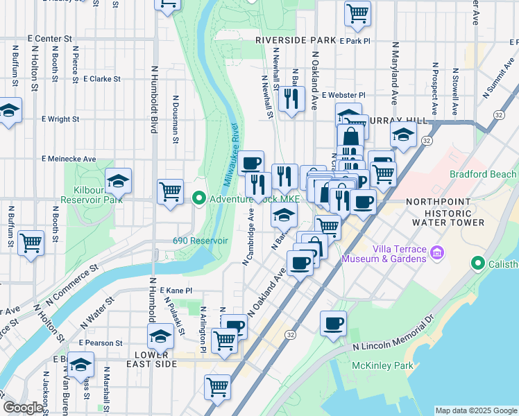 map of restaurants, bars, coffee shops, grocery stores, and more near in Milwaukee