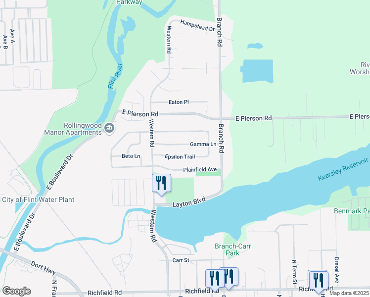 map of restaurants, bars, coffee shops, grocery stores, and more near 2901 Gamma Lane in Flint