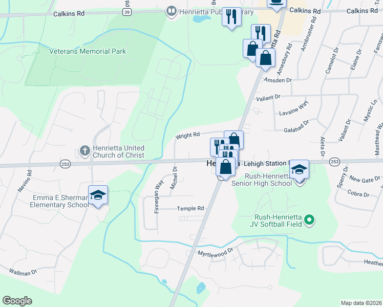 map of restaurants, bars, coffee shops, grocery stores, and more near 97 Wright Road in Henrietta