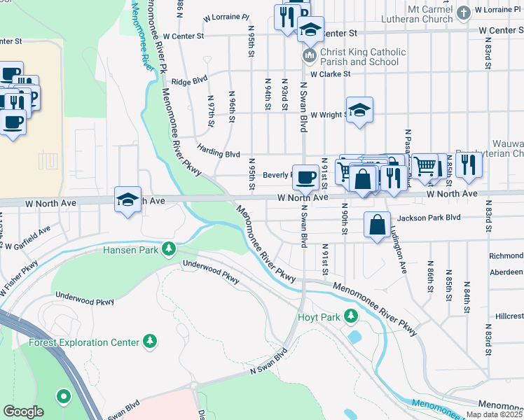map of restaurants, bars, coffee shops, grocery stores, and more near 2316 North 95th Street in Wauwatosa