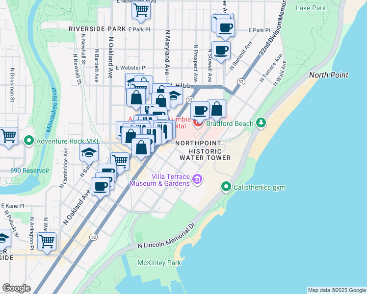 map of restaurants, bars, coffee shops, grocery stores, and more near 2311 East North Avenue in Milwaukee
