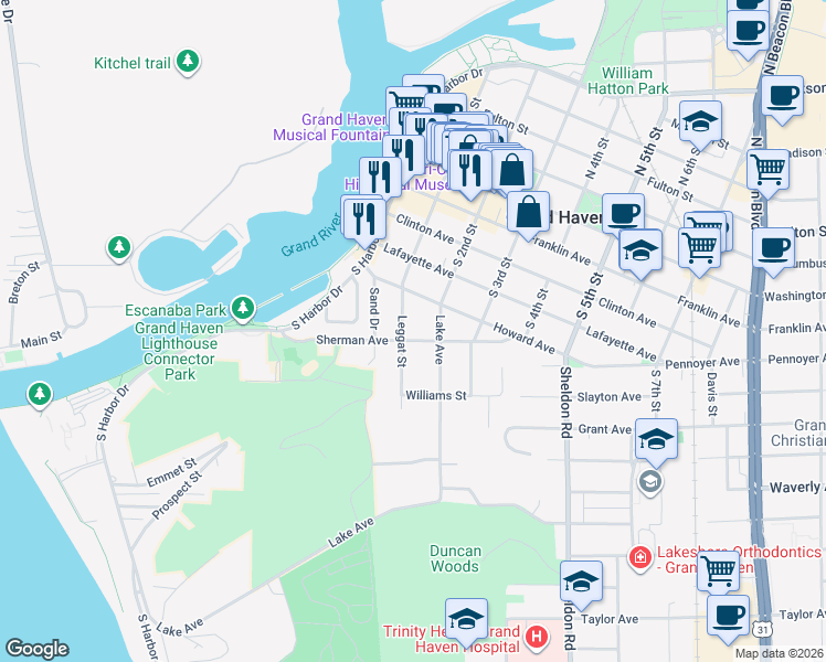 map of restaurants, bars, coffee shops, grocery stores, and more near 118 Howard Avenue in Grand Haven
