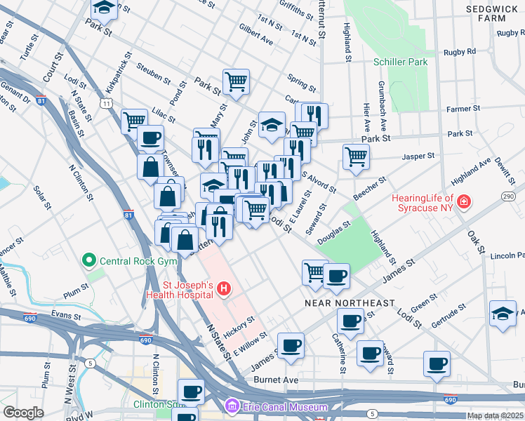 map of restaurants, bars, coffee shops, grocery stores, and more near Lodi Street & Butternut Street in Syracuse