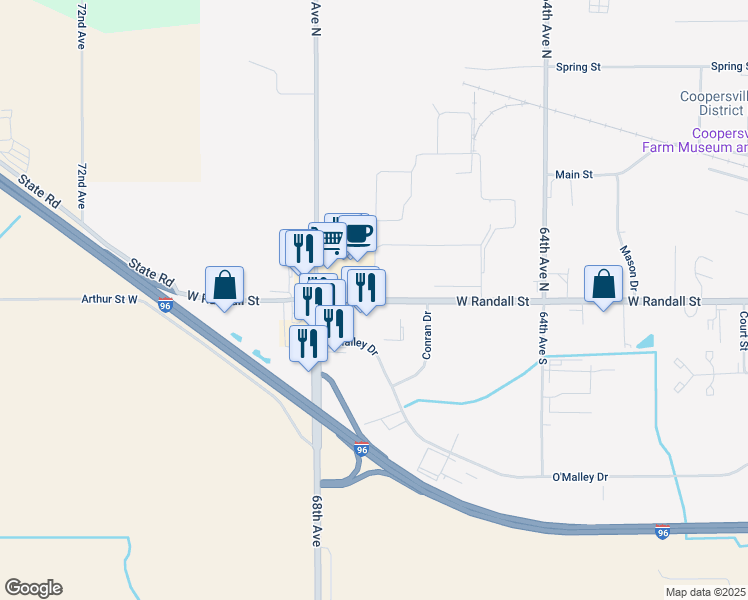 map of restaurants, bars, coffee shops, grocery stores, and more near 1141 West Randall Street in Coopersville