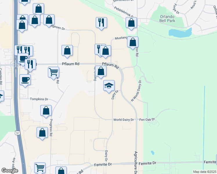 map of restaurants, bars, coffee shops, grocery stores, and more near 2730 Dairy Drive in Madison