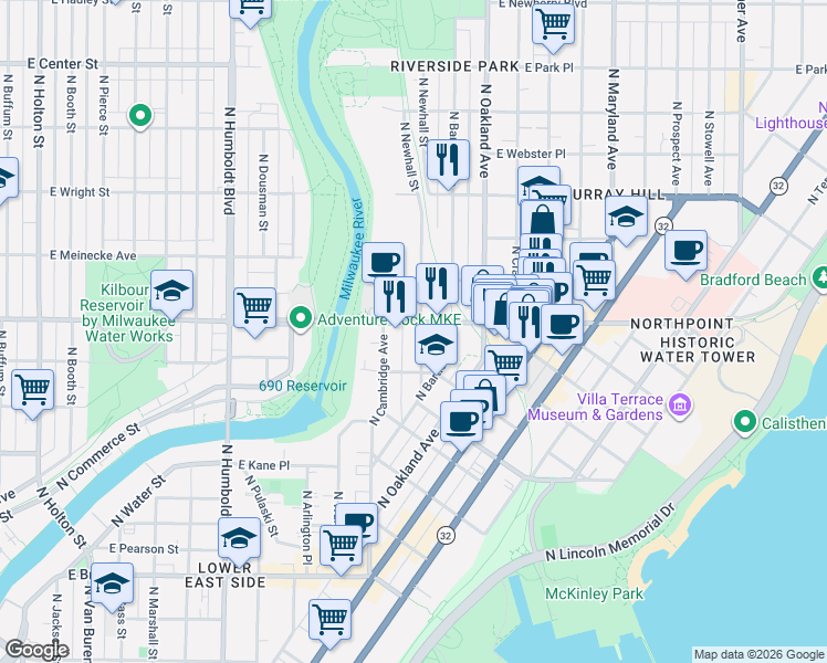 map of restaurants, bars, coffee shops, grocery stores, and more near in Milwaukee