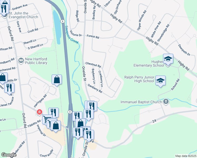 map of restaurants, bars, coffee shops, grocery stores, and more near 43 Cranberry Lane in New Hartford