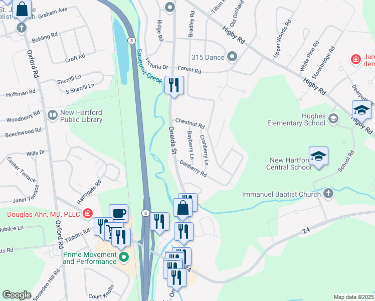 map of restaurants, bars, coffee shops, grocery stores, and more near 89 Chestnut Road in New Hartford