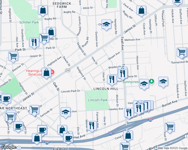 map of restaurants, bars, coffee shops, grocery stores, and more near 205 Shuart Avenue in Syracuse