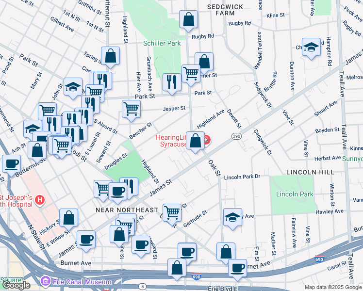 map of restaurants, bars, coffee shops, grocery stores, and more near 209 Highland Avenue in Syracuse