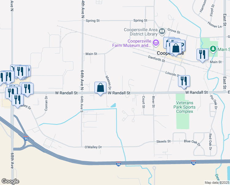 map of restaurants, bars, coffee shops, grocery stores, and more near 32 Mason Drive in Coopersville