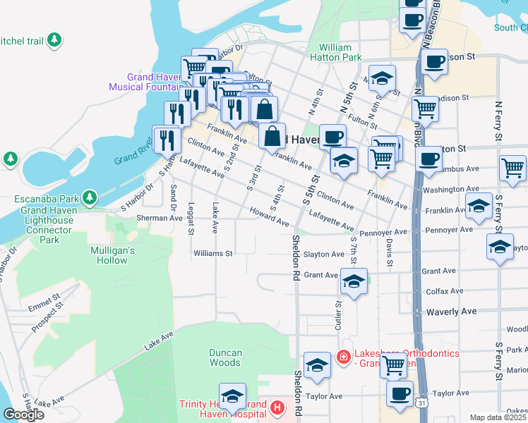 map of restaurants, bars, coffee shops, grocery stores, and more near 316 Lafayette Avenue in Grand Haven