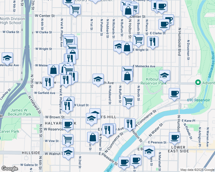 map of restaurants, bars, coffee shops, grocery stores, and more near 212 East North Avenue in Milwaukee