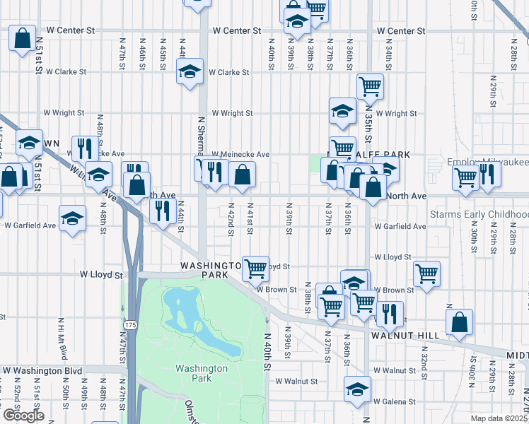 map of restaurants, bars, coffee shops, grocery stores, and more near 2284 North 41st Street in Milwaukee