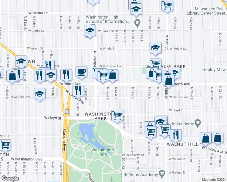 map of restaurants, bars, coffee shops, grocery stores, and more near 2284 North 41st Street in Milwaukee