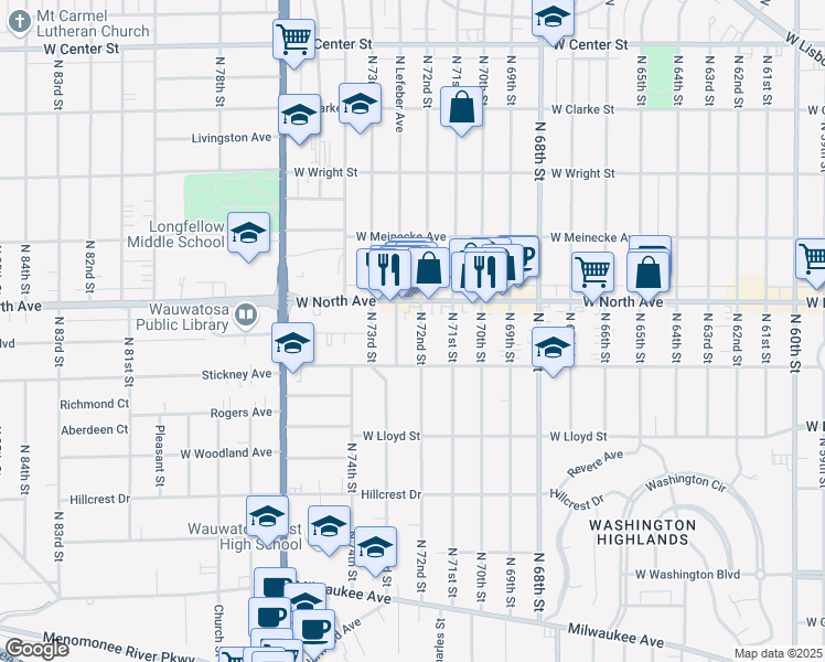 map of restaurants, bars, coffee shops, grocery stores, and more near 2272 North 72nd Street in Wauwatosa