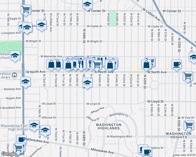 map of restaurants, bars, coffee shops, grocery stores, and more near 6531 West North Avenue in Wauwatosa