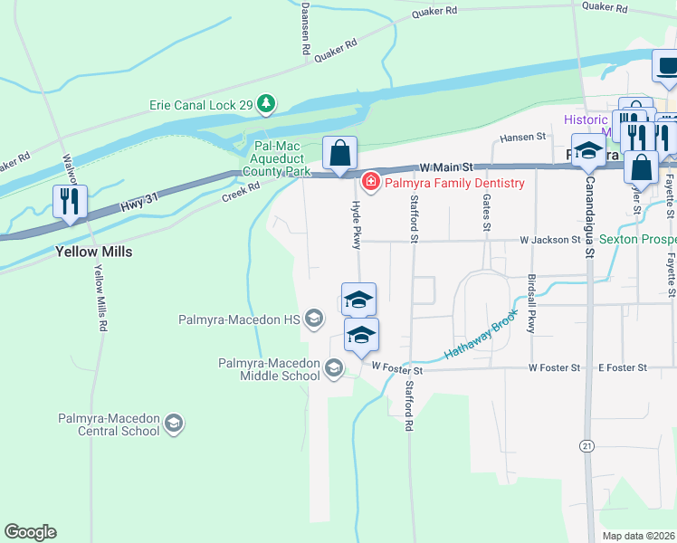 map of restaurants, bars, coffee shops, grocery stores, and more near 121 Hyde Parkway in Palmyra