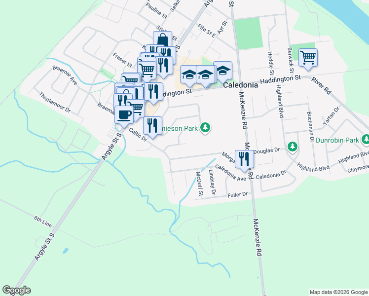 map of restaurants, bars, coffee shops, grocery stores, and more near 20 Scottswood Lane in Caledonia
