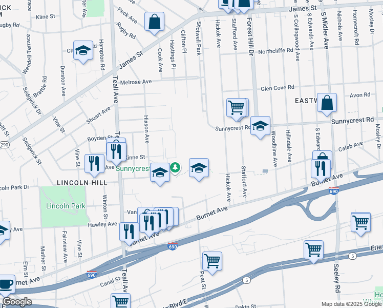 map of restaurants, bars, coffee shops, grocery stores, and more near 701 Robinson Street in Syracuse