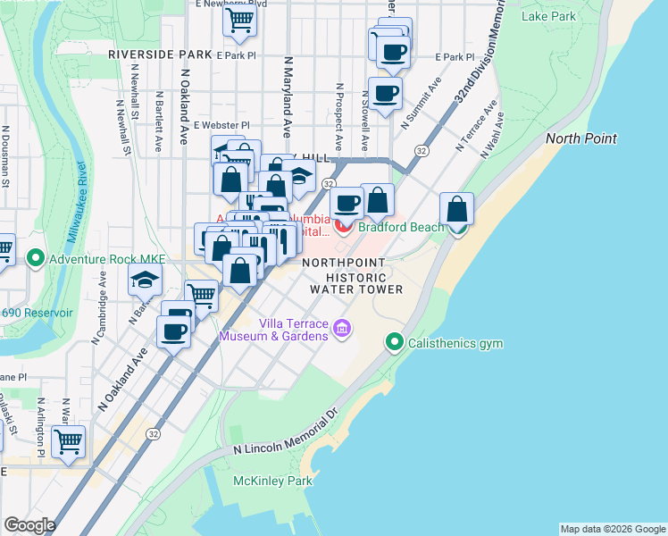 map of restaurants, bars, coffee shops, grocery stores, and more near 2380 East North Avenue in Milwaukee