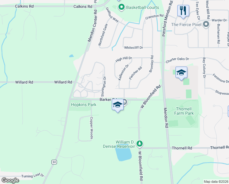 map of restaurants, bars, coffee shops, grocery stores, and more near 75 Bromley Road in Pittsford