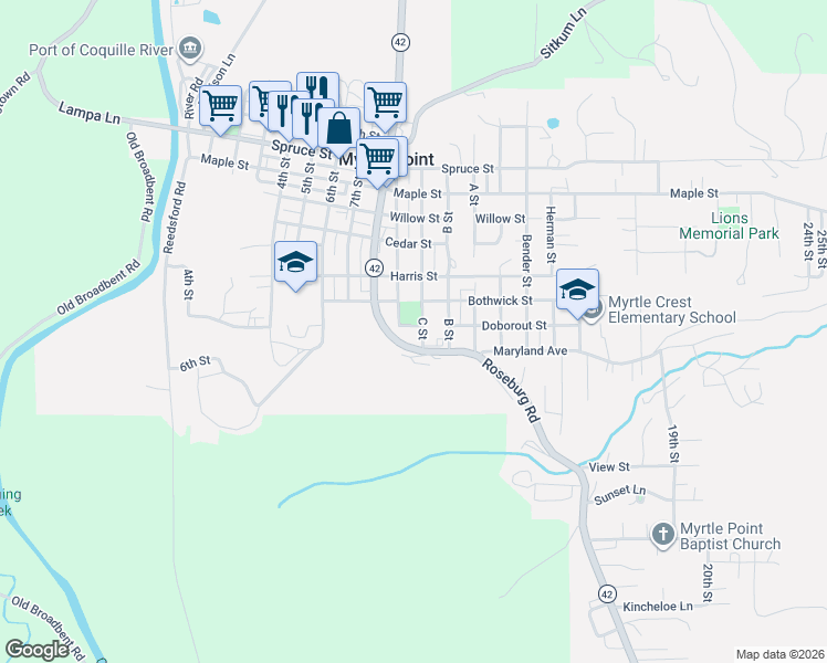 map of restaurants, bars, coffee shops, grocery stores, and more near 806 Railroad Street in Myrtle Point