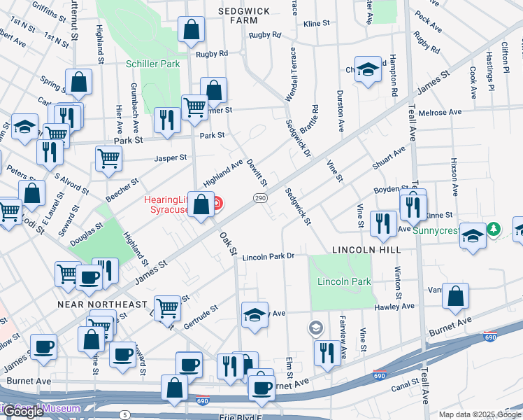 map of restaurants, bars, coffee shops, grocery stores, and more near 1054 James Street in Syracuse