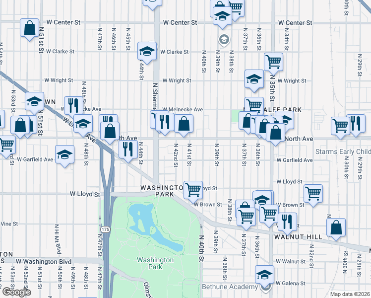 map of restaurants, bars, coffee shops, grocery stores, and more near 2229-2231 North 41st Street in Milwaukee