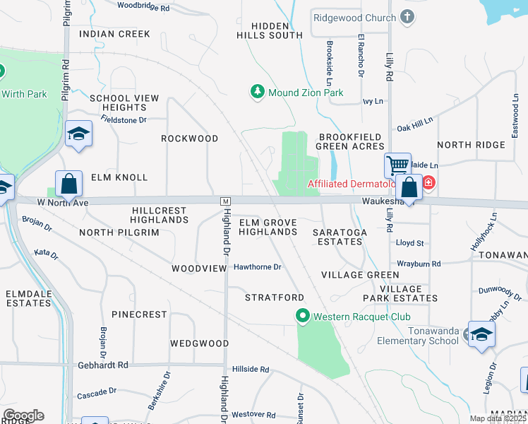 map of restaurants, bars, coffee shops, grocery stores, and more near 2130 Elm Tree Road in Elm Grove