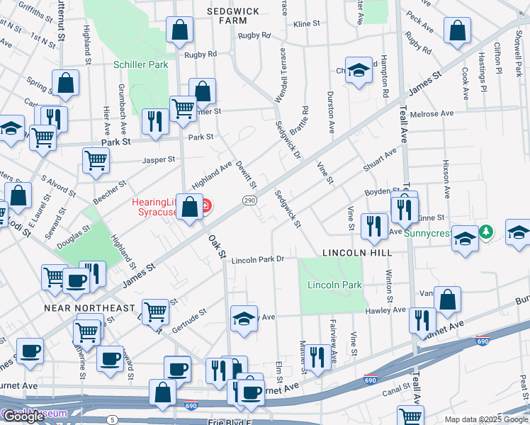 map of restaurants, bars, coffee shops, grocery stores, and more near 1072 James Street in Syracuse