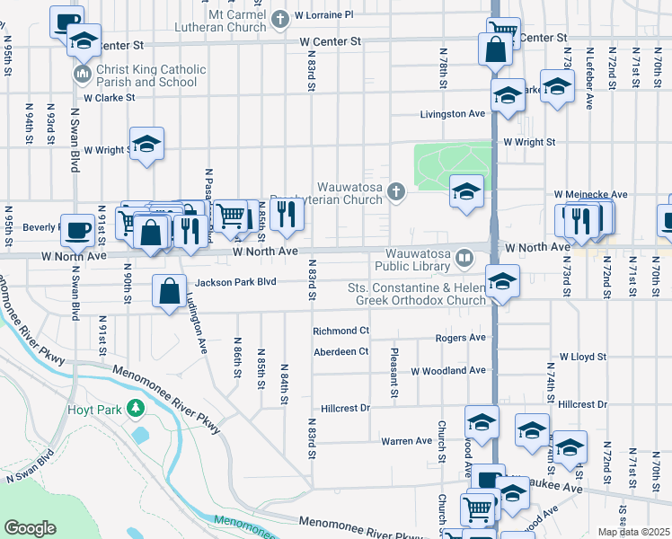 map of restaurants, bars, coffee shops, grocery stores, and more near in Wauwatosa