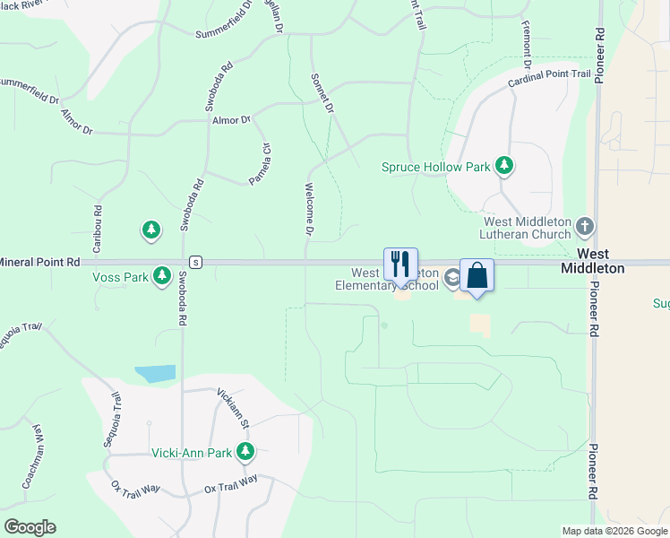 map of restaurants, bars, coffee shops, grocery stores, and more near 7685 West Mineral Point Road in Verona