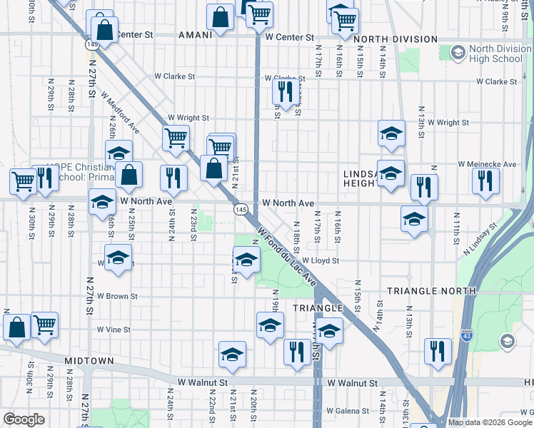 map of restaurants, bars, coffee shops, grocery stores, and more near in Milwaukee