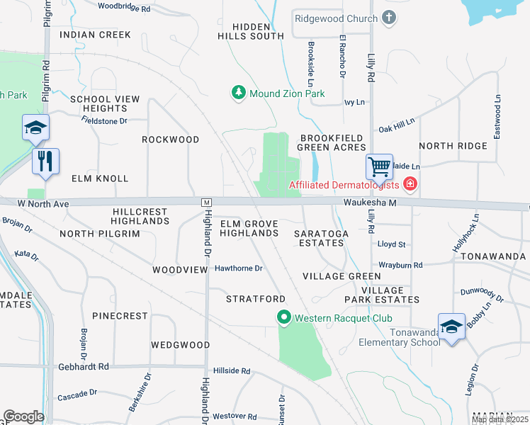 map of restaurants, bars, coffee shops, grocery stores, and more near 2130 Elm Tree Road in Elm Grove