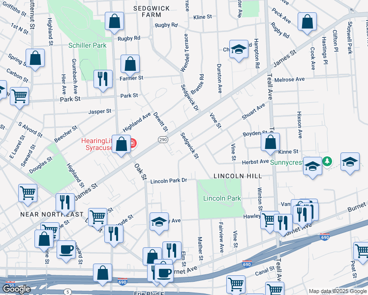 map of restaurants, bars, coffee shops, grocery stores, and more near 1100 James Street in Syracuse