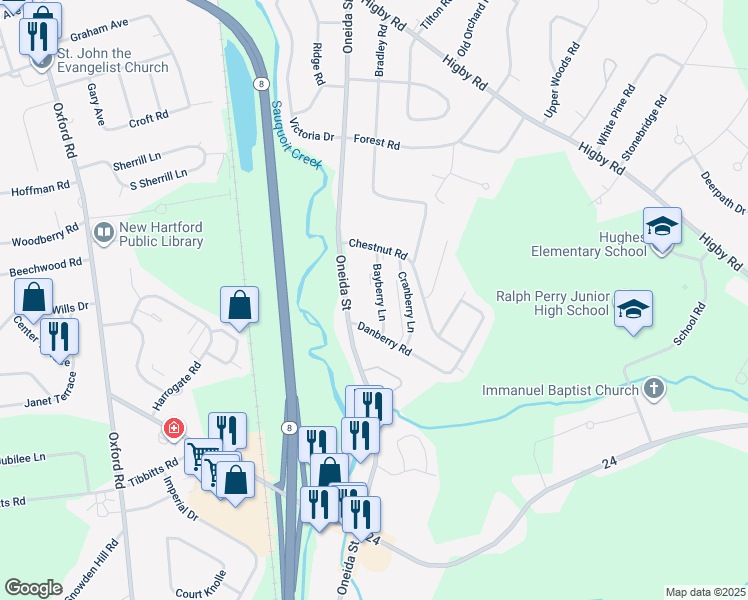 map of restaurants, bars, coffee shops, grocery stores, and more near 89 Chestnut Road in New Hartford