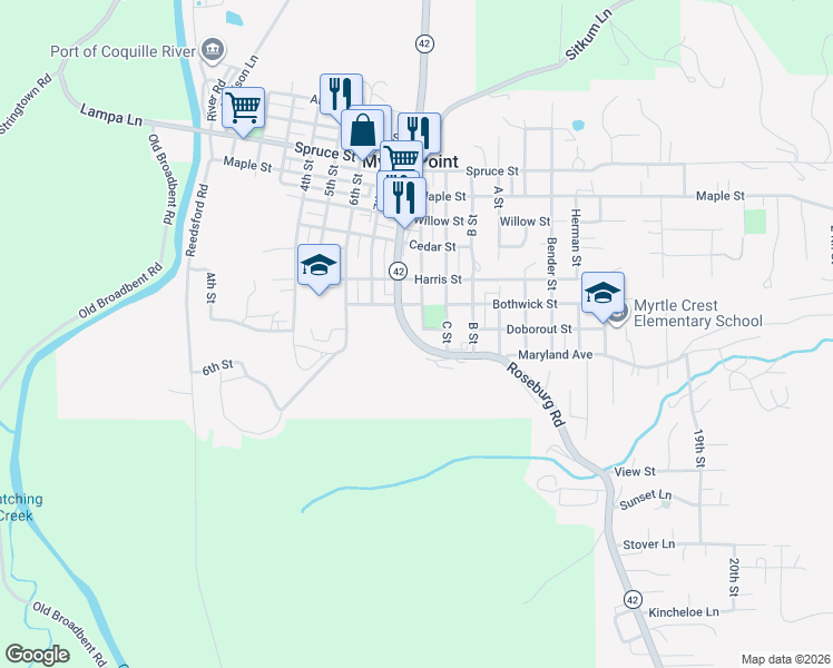 map of restaurants, bars, coffee shops, grocery stores, and more near 806 Railroad Street in Myrtle Point