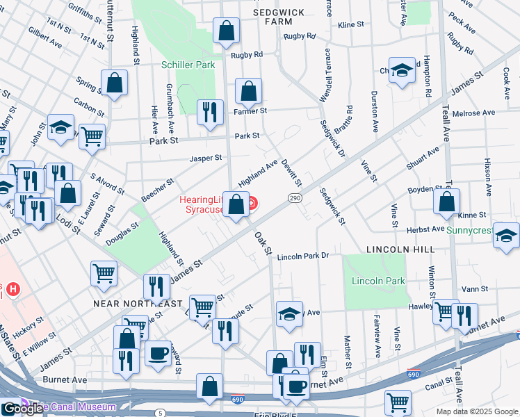 map of restaurants, bars, coffee shops, grocery stores, and more near 1025 James Street in Syracuse