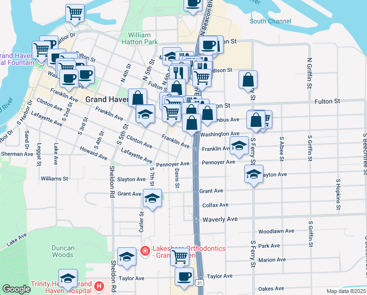 map of restaurants, bars, coffee shops, grocery stores, and more near 16 8th Street in Grand Haven