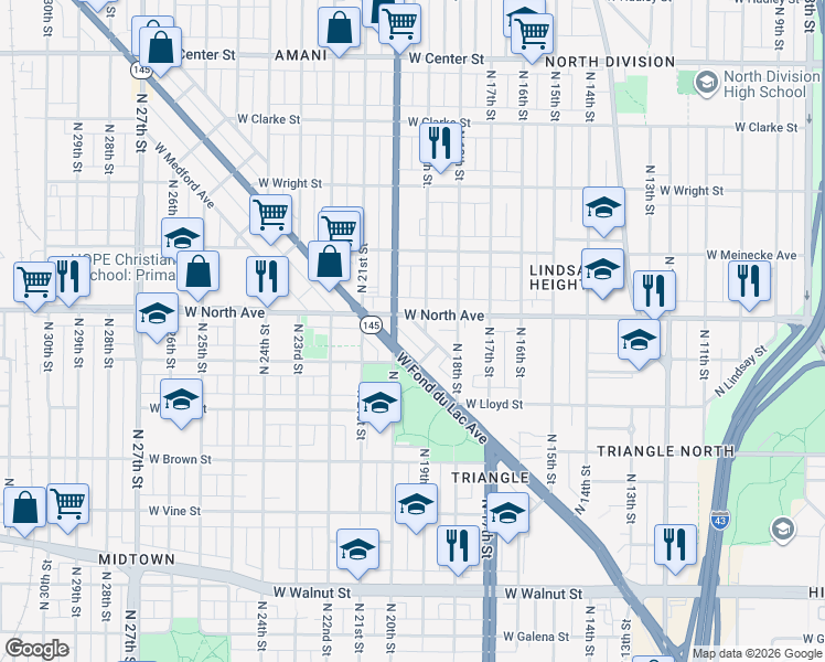 map of restaurants, bars, coffee shops, grocery stores, and more near in Milwaukee