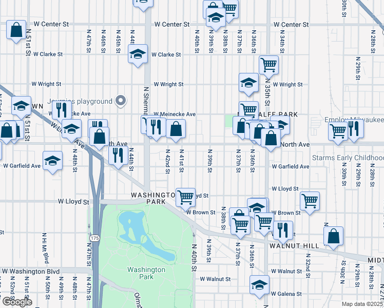 map of restaurants, bars, coffee shops, grocery stores, and more near 2284 North 41st Street in Milwaukee