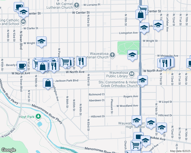map of restaurants, bars, coffee shops, grocery stores, and more near in Wauwatosa