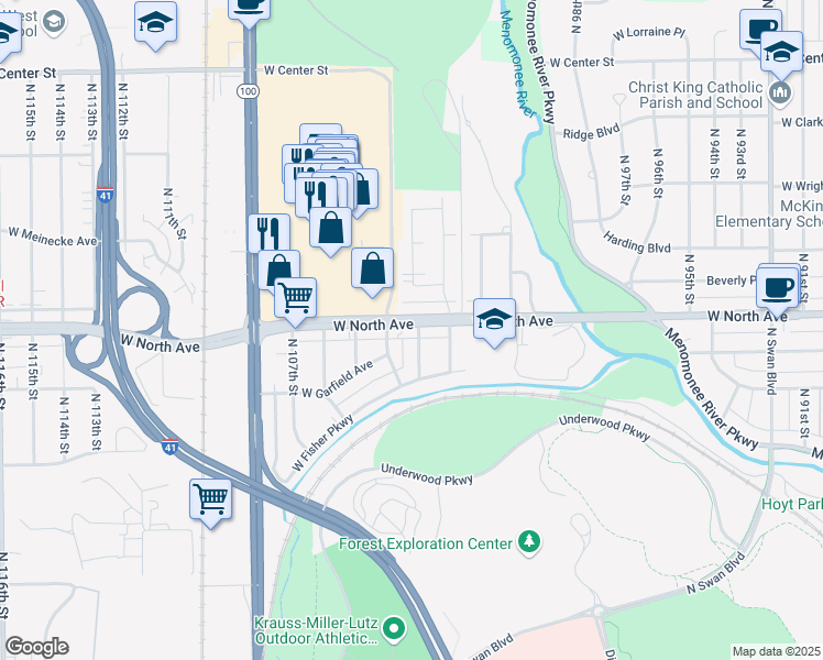 map of restaurants, bars, coffee shops, grocery stores, and more near 10226 West North Avenue in Wauwatosa