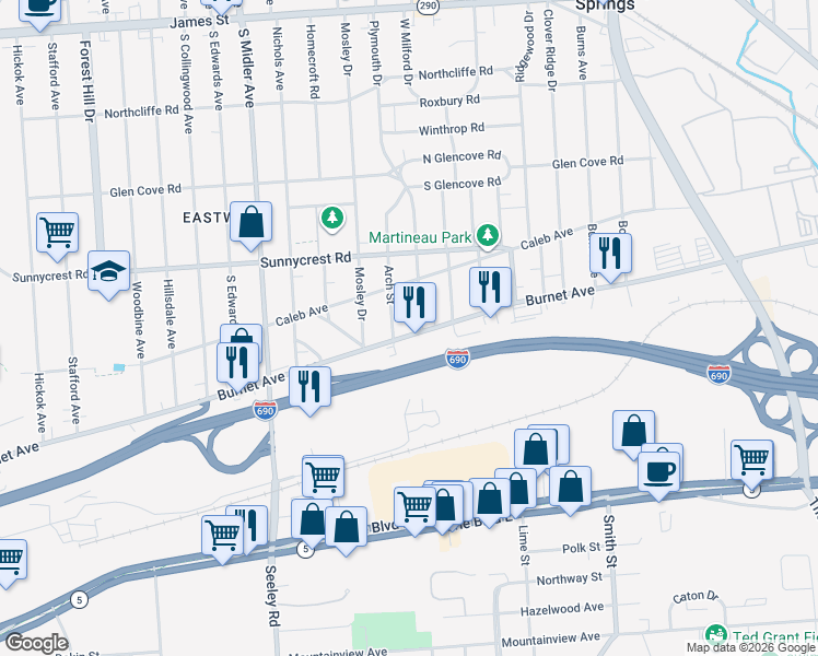 map of restaurants, bars, coffee shops, grocery stores, and more near 2713 Burnet Avenue in Syracuse
