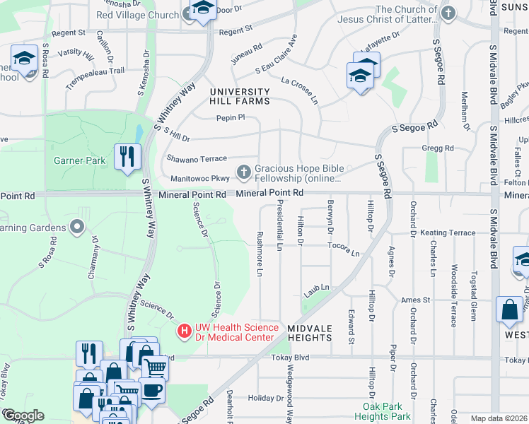 map of restaurants, bars, coffee shops, grocery stores, and more near 402 Rushmore Lane in Madison