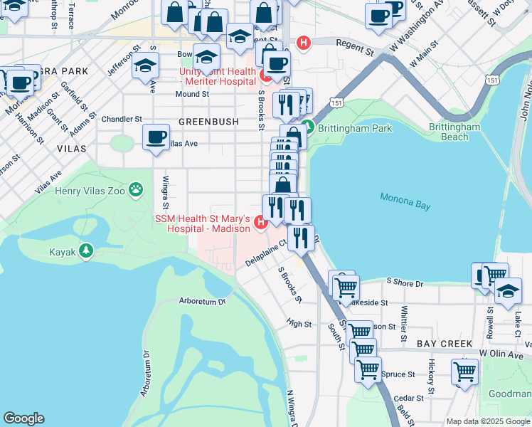 map of restaurants, bars, coffee shops, grocery stores, and more near 932 Erin Street in Madison